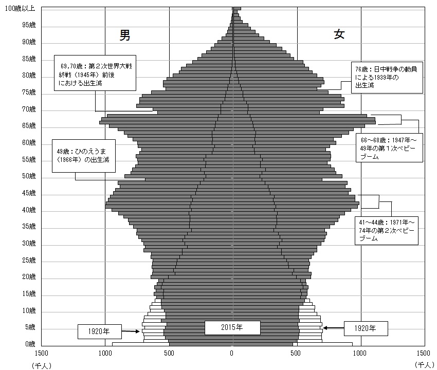 日本の人口ピラミッド：「平成27年（2015年）国勢調査（抽出速報集計）」（総務省統計局より）